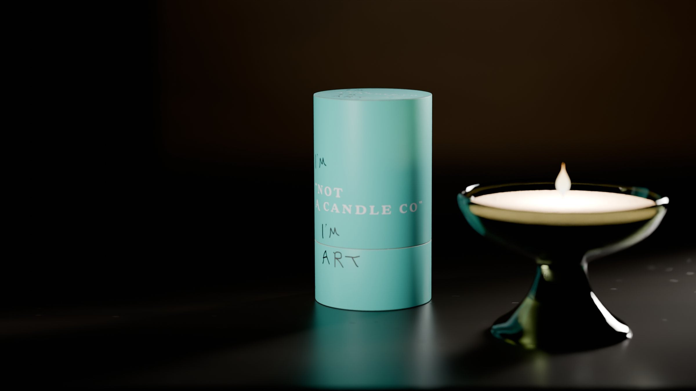 The aqua tube glowing in low light beside a candle of pearls burning in smoked olive glass